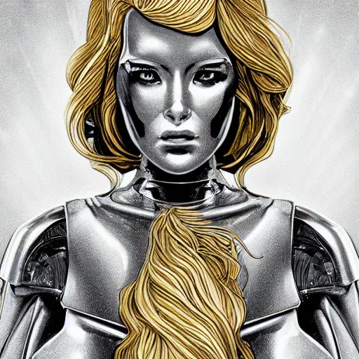 Image similar to gold and silver tones, star wars cybernetic princess, style of moebius, james jean, mcbess, long glowing ethereal hair, cinematic, highly detailed, award winning, 8 k photorealistic