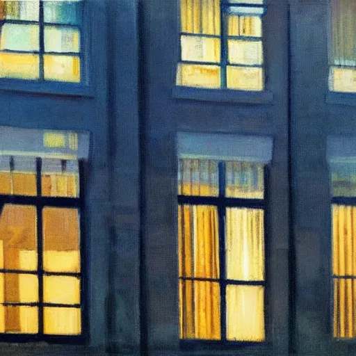 Prompt: Old Glasgow tenements in the style of Edward Hopper, rain, golden hour, beautiful light