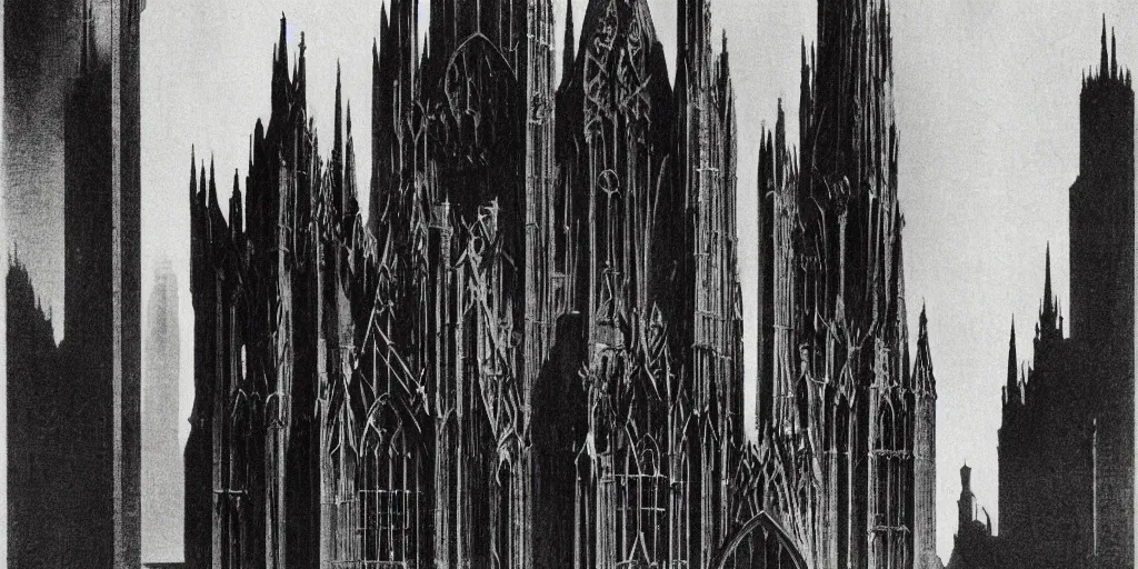 Prompt: gothic architecture by hugh ferriss