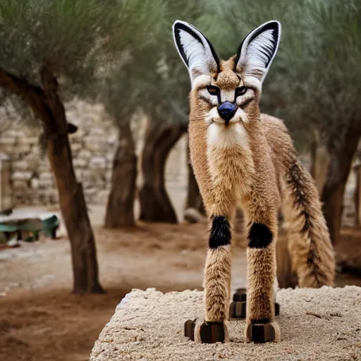 Image similar to a cinematic film still of a claymation stop motion film starring cute fluffy caracal near wooden barrel, ancient greek city, olive trees, shallow depth of field, 8 0 mm, f 1. 8