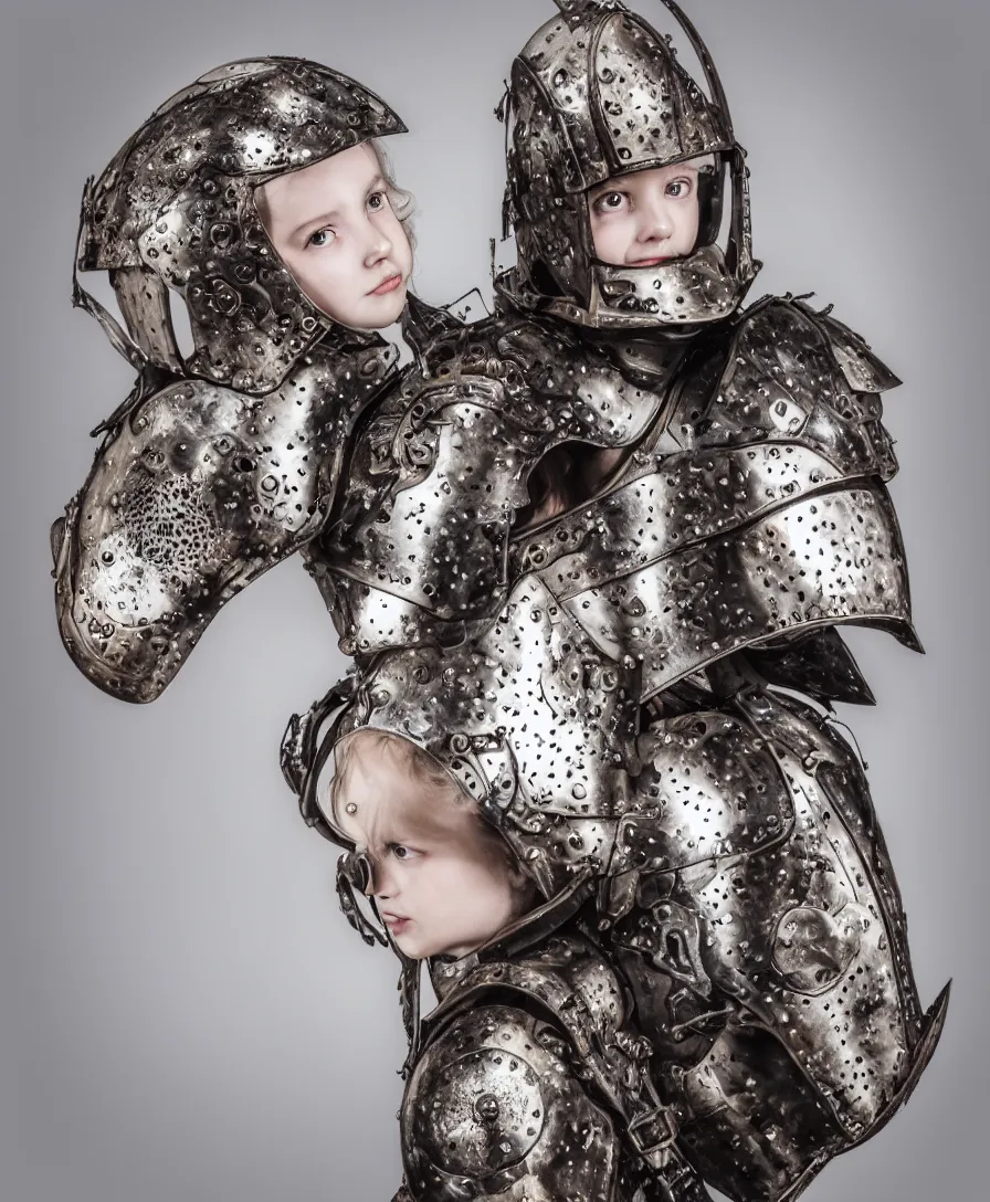 Prompt: portrait of a beautiful young girl wearing an alexander mcqueen armor made of iron steel armour , artistic illustration realistic photo