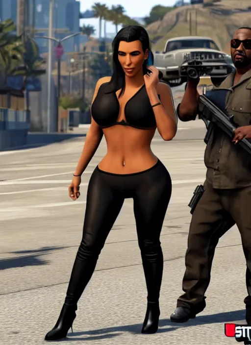 Image similar to game still of kim kardashian as a gta skin in gta 6.