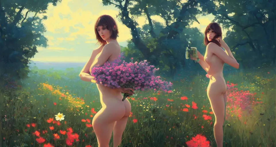 Prompt: a full - body woman with c - cups covered in flowers behind a serene landscape, night setting. realistic shaded lighting poster by ilya kuvshinov katsuhiro, magali villeneuve, artgerm, jeremy lipkin and michael garmash, rob rey and kentaro miura style, trending on art station