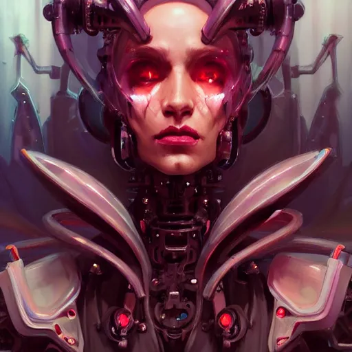 Image similar to a portrait of a beautiful demonic cybernetic grand duchess of hell, cyberpunk concept art by pete mohrbacher and wlop and artgerm and josan gonzales, digital art, highly detailed, intricate, sci-fi, sharp focus, Trending on Artstation HQ, deviantart, unreal engine 5, 4K UHD image