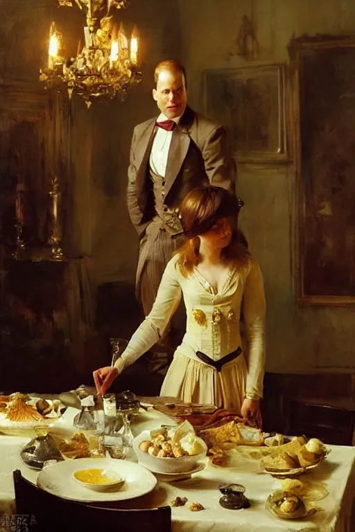 Image similar to portrait of a respectable dignified royal business elite politician standing on top of a finely set table calmly stepping in the food art by anders zorn, wonderful masterpiece by greg rutkowski, beautiful cinematic light, american romanticism by greg manchess, jessica rossier