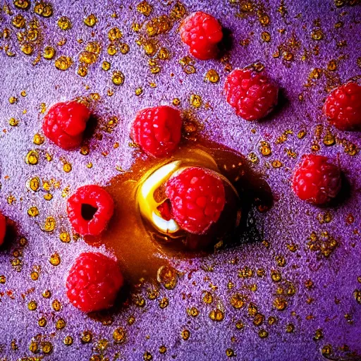 Prompt: high definition photo of a raspberry covered in honey, 4k, ring lighting, studio