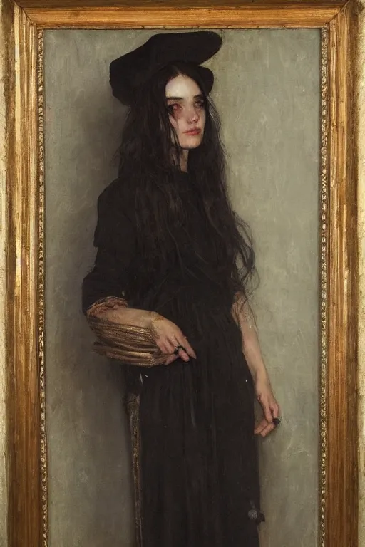 Prompt: Solomon Joseph Solomon and Richard Schmid and Jeremy Lipking victorian genre painting full length portrait painting of a young beautiful woman medieval witch