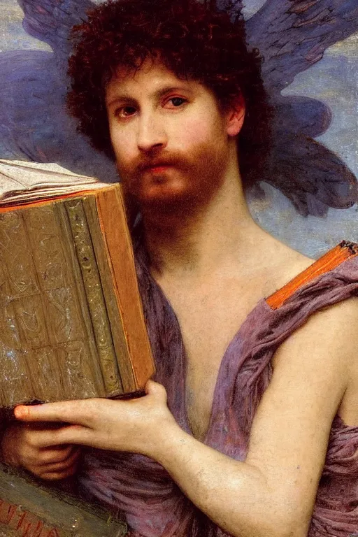 Image similar to a renaissance oil painting close shot portrait by alma tadema of a demon lucifer with large wings holding a book surrounded by lightning clouds descending upon foggy frost, colourful pastel, detailed academic bouguereau, high shadow, sharp focus