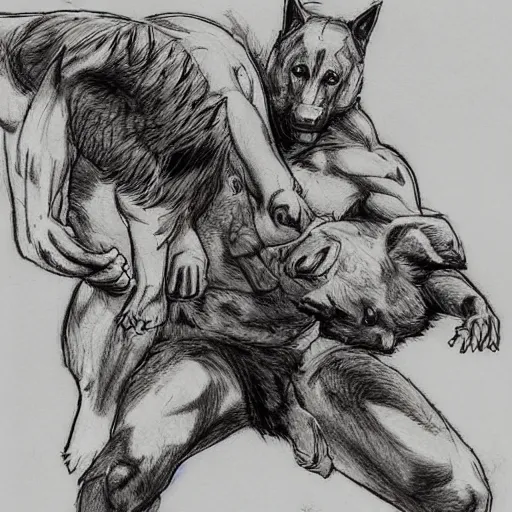 Image similar to a humanoid german shepherd beast - man wrestling with another german shepherd in the middle of an arena, pencil art, added detail, high definiton, colored, aerial viewyoji shinkawa