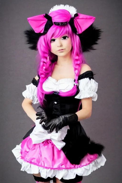 Image similar to Anime Catgirl with black fur, pink hair, and pink eyes in Gothic Lolita maid costume wearing small top hat