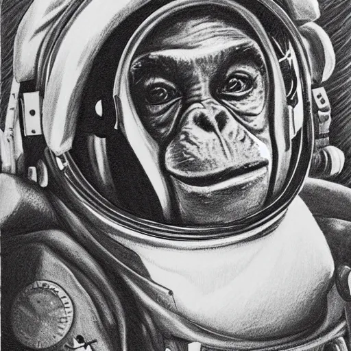 Image similar to pencil art, realistic self portrait, astronaut with a chimpanzee.