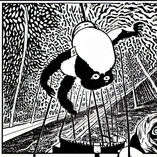 Image similar to black and white trippy comic art of a sloth riding a merry go round, lots of particles, drawn by Martin Rowson, Tim Burton, Studio Ghibli, Alex Pardee, Nekro Petros Afshar, James McDermott, cgsociety 4K