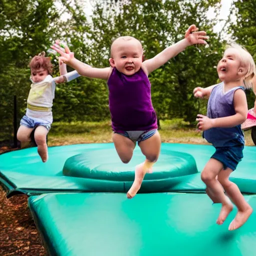 Prompt: A dozen babies jumping on a trampoline