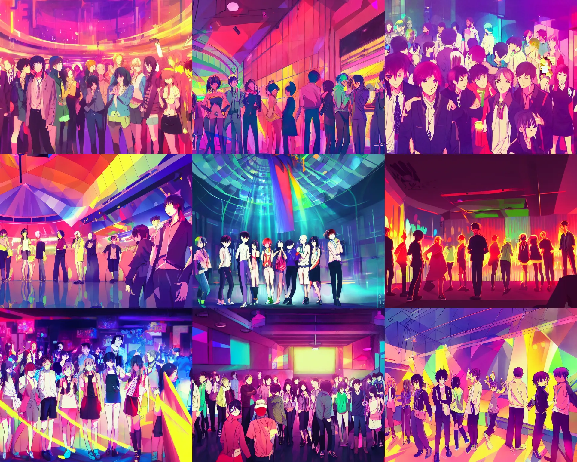 Prompt: a group of people standing in a club, concept art by okuda genso, pixiv contest winner, color field, anime aesthetic, official art, vivid colors