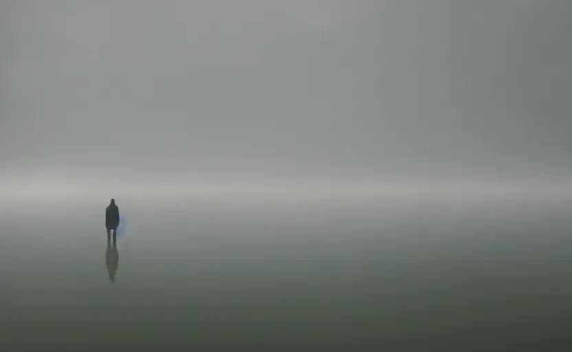 Prompt: cinematic shot of a lonely man at a suicide lake, moody scene from being john malcovich directed by charlie kaufman ( 2 0 0 1 ), foggy volumetric light morning, anamorphic lenses, kodak color film stock