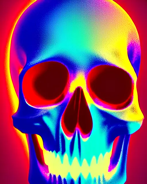 Image similar to glow, chromatic aberration, prismatic, skull, cinematic, retro, vintage, cool, unique, interesting, original, vhs quality