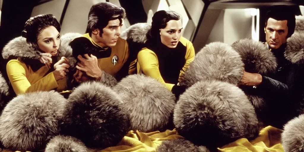 Image similar to Gal Gadot and Tribbles, Tribbles and more Tribbles in a scene from Star Trek the original series