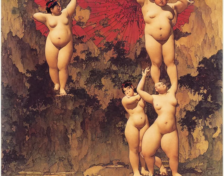 Prompt: a fat buddha stands triumphant over a slain monster, normal rockwell, frank frazetta, mucha bouguereau