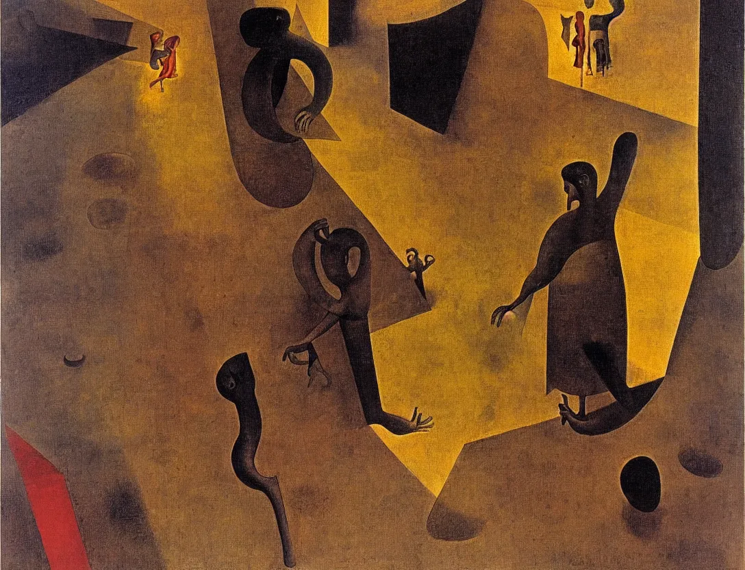 Image similar to a multiracial greek god following a watchful light through the streets of a city, high angle, sparse detail, by remedios varo, joan miro and moebius