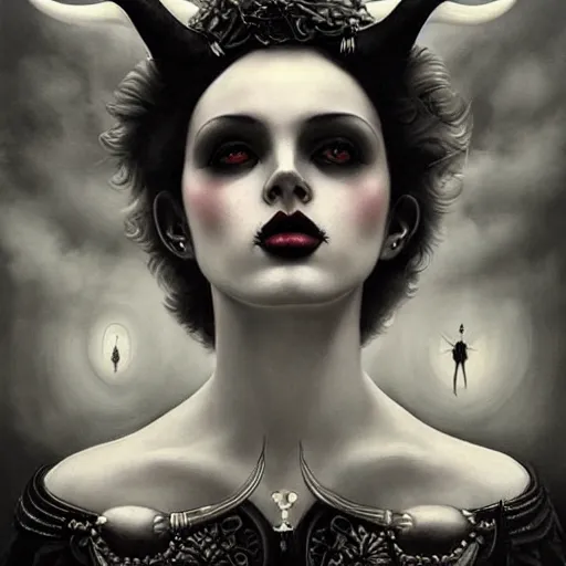 Prompt: By Tom Bagshaw, ultra realist soft painting of carnival curiosities by night, very beautiful single female gothic fully dressed, horns, symmetry accurate features, very intricate details, ominous sky, black and white, volumetric light clouds