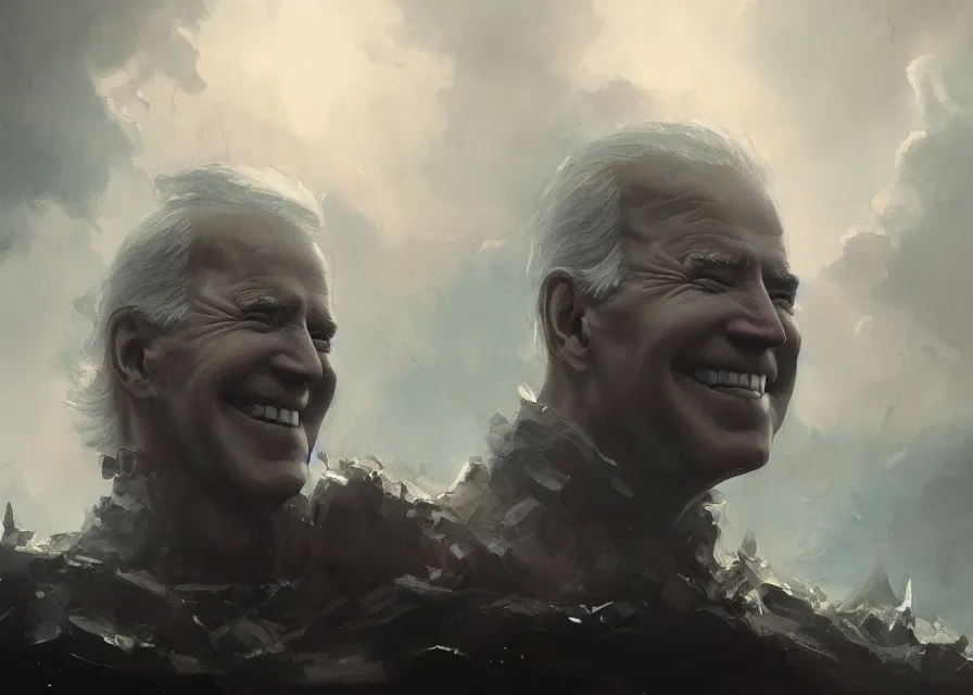 Prompt: abstract painting of giant Joe Biden smiling emperor of the world emerging in dark clouds, immense crowd of people, cosmic horror , trending on ArtStation, masterpiece, by Greg Rutkowski, by Ross Tran, by Fenghua Zhong, octane, lightbeam eyes, soft render, clear facial features, oil on canvas, moody lighting, cinematic, professional environment concept art