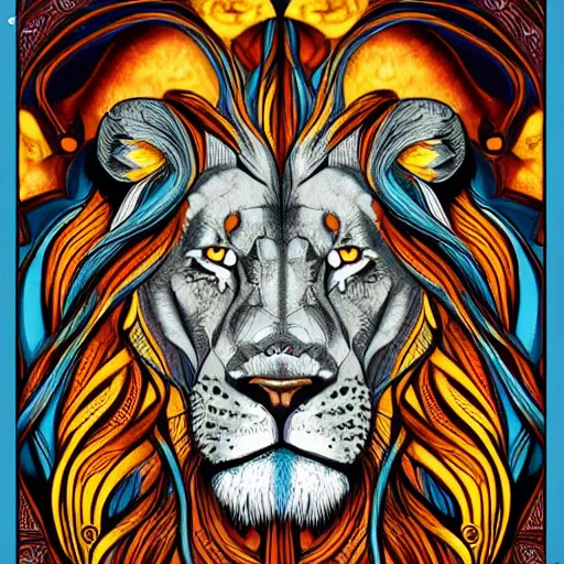 Image similar to realistic detailed lion, zodiac leo by dan mumford, Art Nouveau, Neo-Gothic, Surreality, gothic, rich deep moody colors