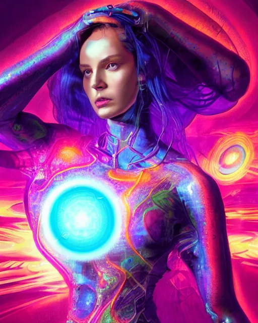 Image similar to a powerful energy psychedelic matrix woman, by alexander fedosav, hyper detailed digital matte painting, concept art, hyperrealism, 1 6 k resolution, cinema 4 d, 8 k resolution, trending on artstation, behance hd, a masterpiece, by stephan martiniere, particles, cel - shaded, power bright neon energy, by david a. hardy,