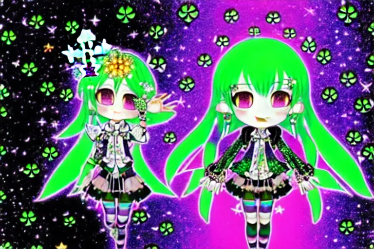 Image similar to baroque bedazzled gothic royalty frames surrounding a hologram of decora styled green haired yotsuba koiwai wearing a gothic spiked jacket, background full of lucky clovers, crosses, and shinning stars, holography, irridescent