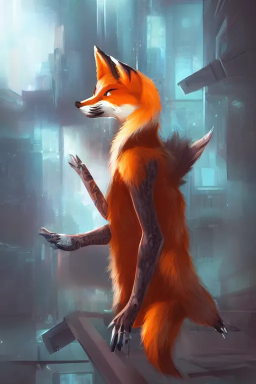 Image similar to a fox fursona, trending on artstation, by kawacy, furry art, digital art, cyberpunk, high quality, backlighting