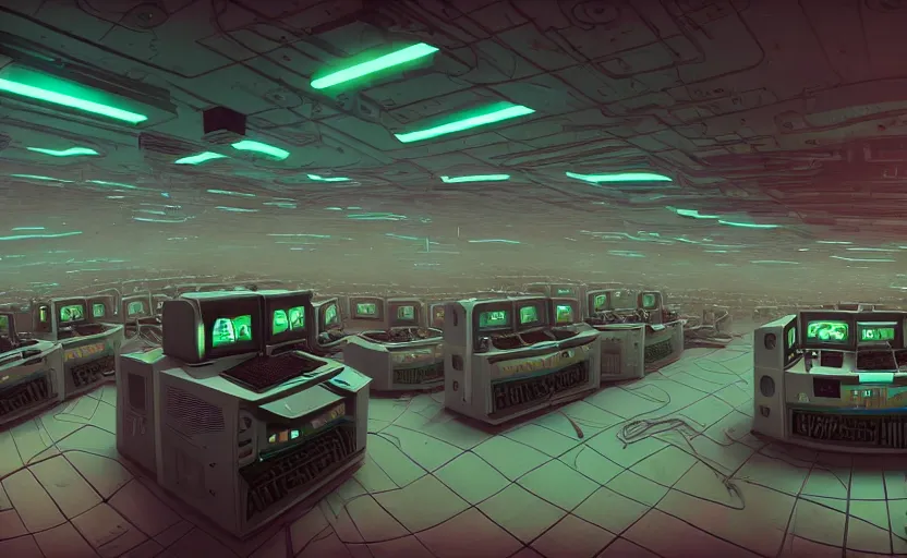 Image similar to Interior shot of a secret mysterious Hacker room with computers by Petros Afshar and Beeple, James Gilleard, Mark Ryden, Wolfgang Lettl highly detailed