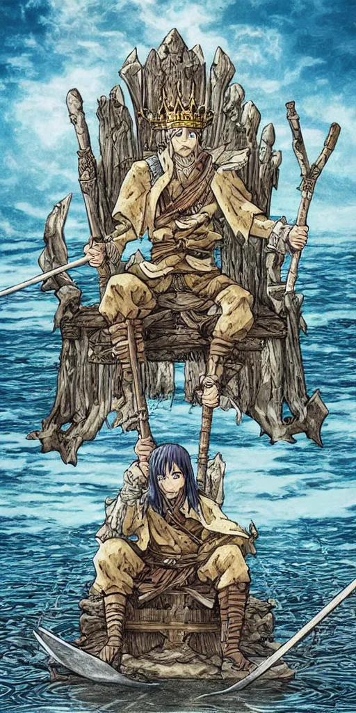 Image similar to a single highly detailed lone king sitting on a throne floating on water in the middle of a lake drawn by Makoto Yukimura in the style of Vinland saga anime, full color, detailed,