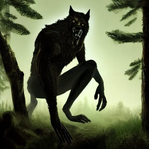 Image similar to man ripping off his skin turning into a werewolf, forest scenery, full moon, illuminated lighting, highly detailed, 4 k