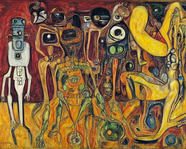 Prompt: a painting of a aliens and robots by graham sutherland, egon schiele, gustav klimt, salvador dali, edvard munch, expressionism