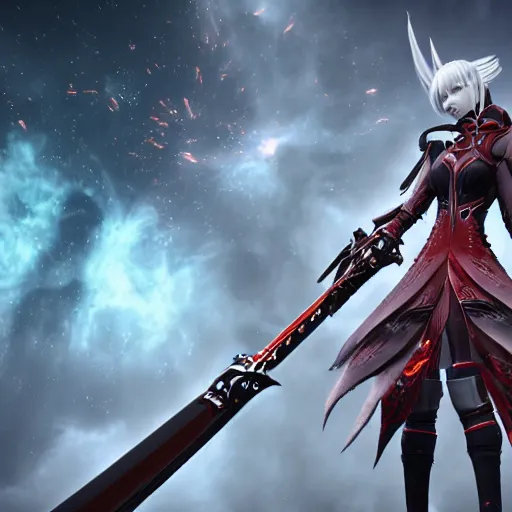 Image similar to a red au ra xaela with grey hair in a suit of astronaut armor with their futuristic scythe drawn, Final Fantasy FFXIX, high octane, detailed 3D rendered in unreal engine, 4k