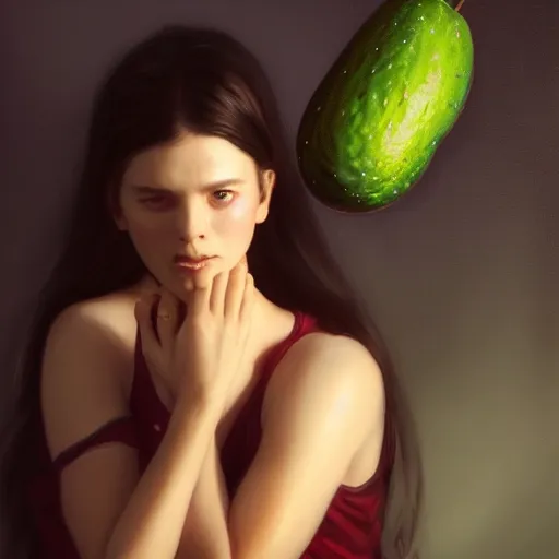 Image similar to ennie award winner lauren walsh lovingly cradling an avacado, fullbody, ultra high detailed, oil painting, greg rutkowski, charlie bowater, yuumei, yanjun cheng, lauren walsh, unreal 5, daz, hyperrealistic, octane render, rpg portrait, dynamic lighting, fantasy art, beautiful face