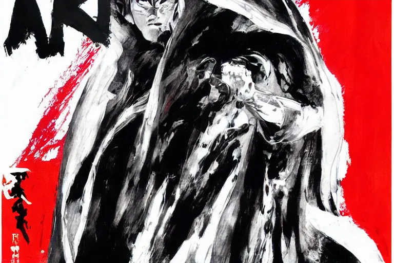 Prompt: movie screenshot of akira ( 1 9 8 8 ) tetsuo in a white superhero suit / mask and red cape, by ashley wood, yoji shinkawa, 6 0's french movie poster, french impressionism, palette knife and wide brush strokes, black and white only