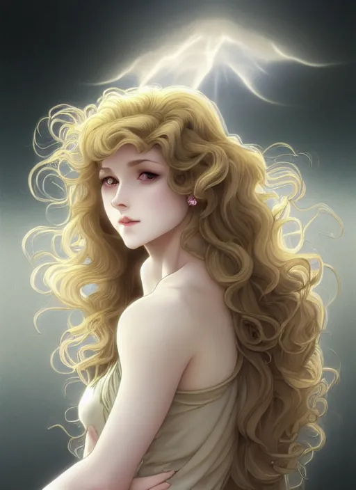 Image similar to young vampire blond girl, goddess of obsidian diamonds and black peonies, with long curly, golden hair, perfectly proportioned face, brown eyes, sweet smile, strong jawline, natural lighting, path traced, god rays, highly detailed, high quality, cartoon, digital painting, by new haicheng studio ghibli and riccardo federici and alphonse mucha