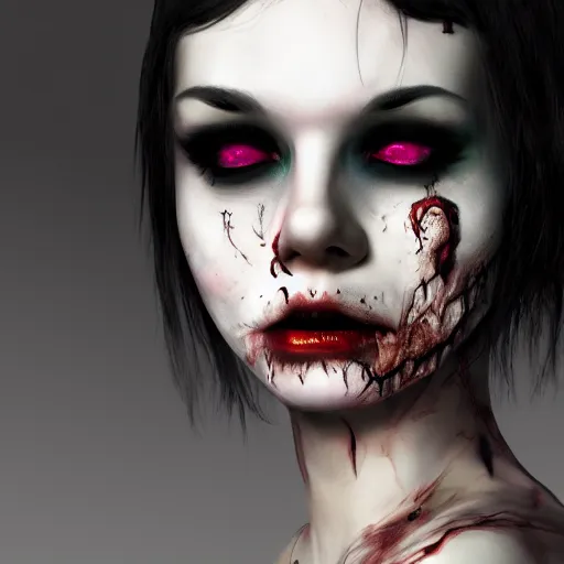 Image similar to female emo zombie putting on makeup, obscure lighting, murky backdrop, cgsociety, trending on behance, trending on artstation, artstationhd, artstationhq, artstation digital, artstation morphs