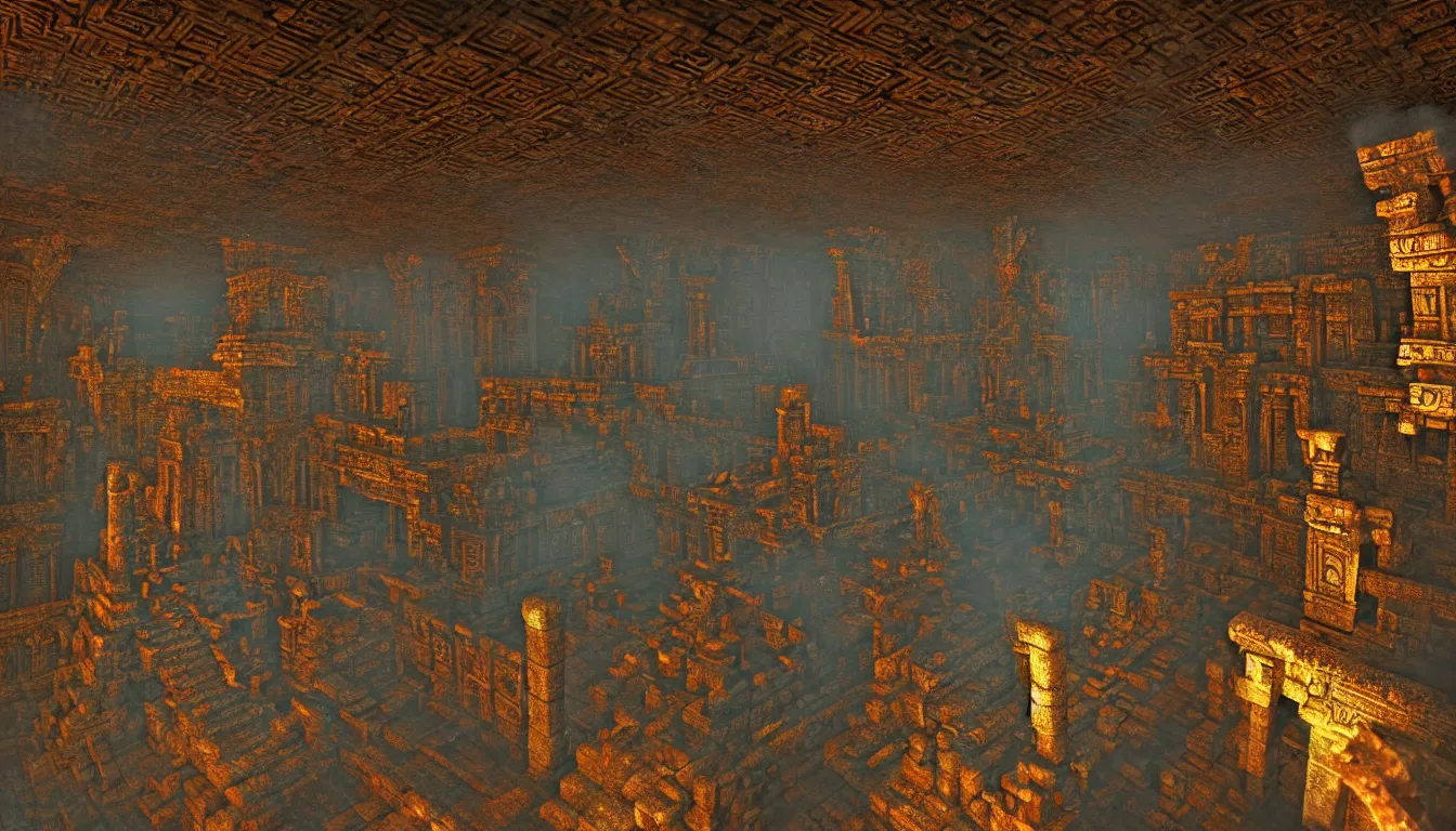 Image similar to ancient mayan temple halls , side-scrolling 2d platformer game level, glittering dust in the air illuminated by the dusk sun through the ceiling cracks, fantasy gigantic religious totem ruins with intricate mayan glyphs, volumetric light , detailed carved ornaments, rich color, upscale , 8k