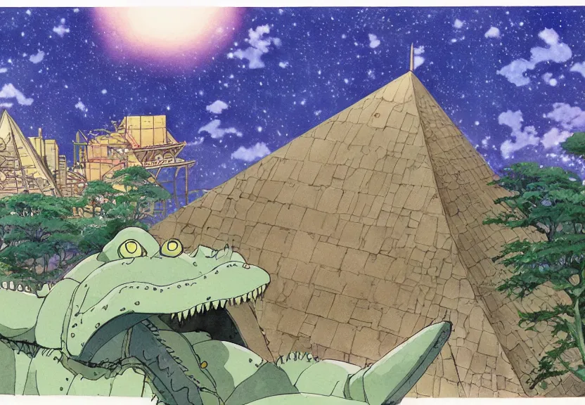 Prompt: a hyperrealist watercolor concept art from a studio ghibli film showing a giant beige mechanized crocodile from howl's moving castle ( 2 0 0 4 ). a pyramid is under construction in the background, in the rainforest on a misty and starry night. by studio ghibli