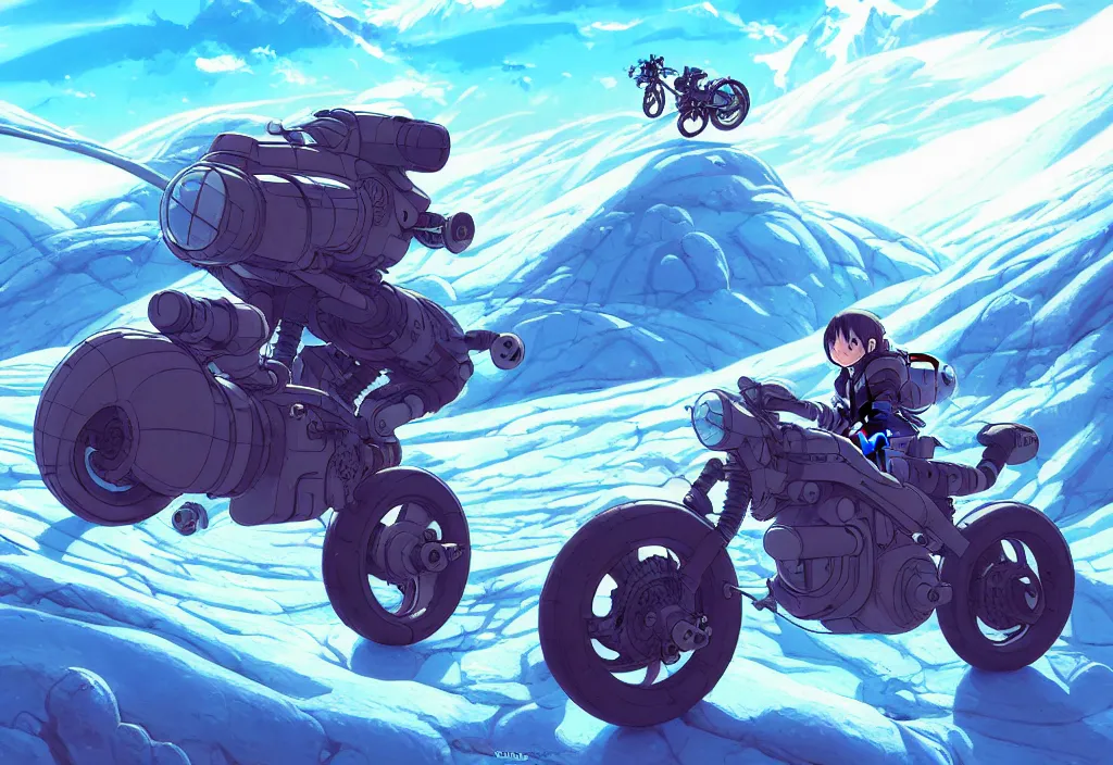 Prompt: a small chubby futuristic bike on a glacier on an alien planet, intricate oil painting, high detail illustration, sharp high detail, manga and anime 1 9 9 9, official fanart behance hd artstation by jesper ejsing and makoto shinkai, 4 k,