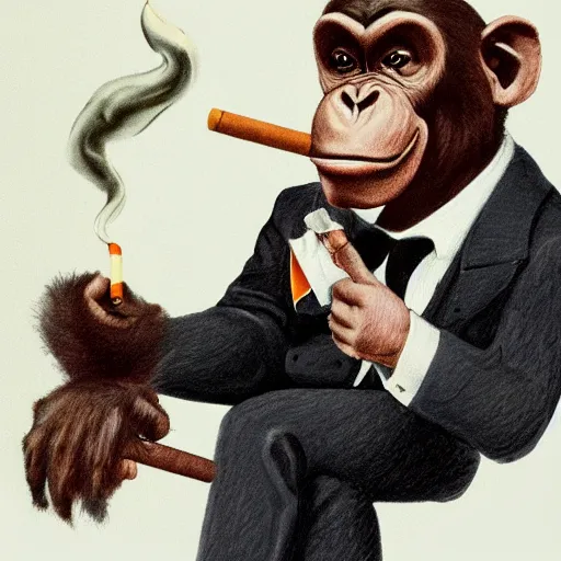 Image similar to a high detail photo of an antropomorphic chimp wearing a suit smoking a cigarrette, subject= chimp, subject detail: wearing a suit, subject action: smoking a cigarrette photorealism