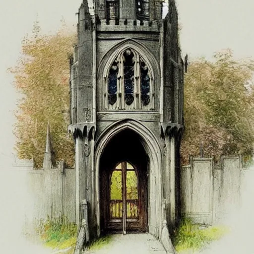 Prompt: (((((((v sketch of Gothic revival castle gatehouse))))))) . muted colors. by Jean-Baptiste Monge !!!!!!!!!!!!!!!!!!!!!!!!!!!!!!!!!!!!!!!! ((((((((((((((((((watercolor sketch))))))))))))))))))