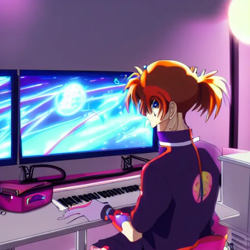 Image similar to An anime character working in their music studio. 90s anime, Sailor Moon, Neon Genesis, official art, flat cell shading, fantastic screenshot art, trending on artstation