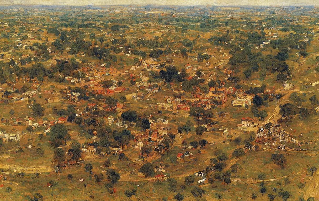 Prompt: tall defensive city wall surrounding small town of abeokuta in nigeria from above, 1885, bright colors oil on canvas, by Ilya Repin