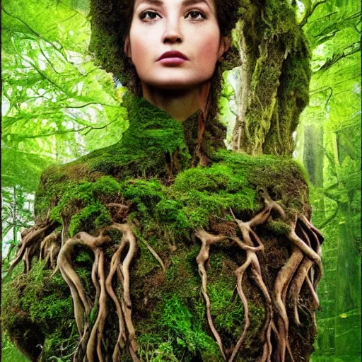 Image similar to mother nature with limbs made of trees and roots, mossy, flowers, human tree hybrid, nature, goddess