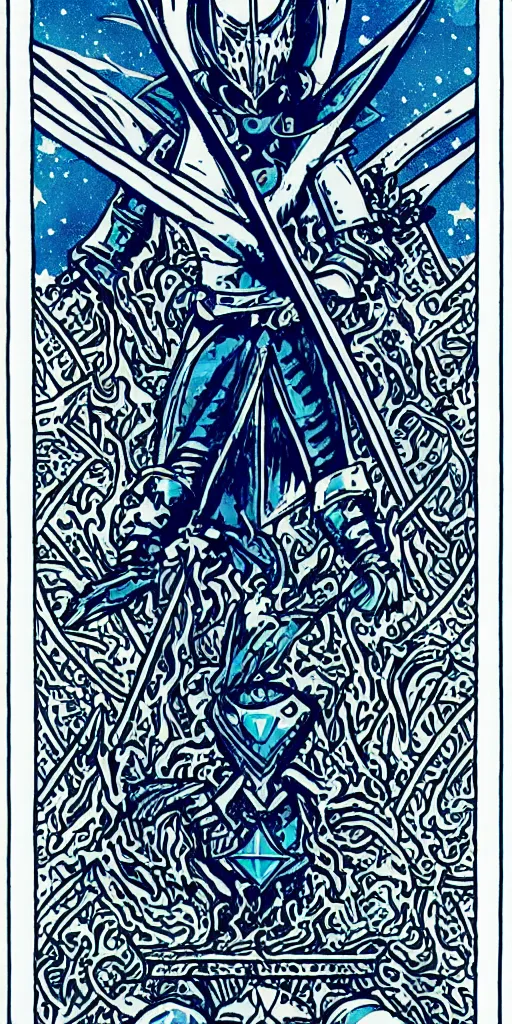 Image similar to Knight of Swords tarot card throne, space fantasy, symmetrical blue white and black, in the style of skottie young