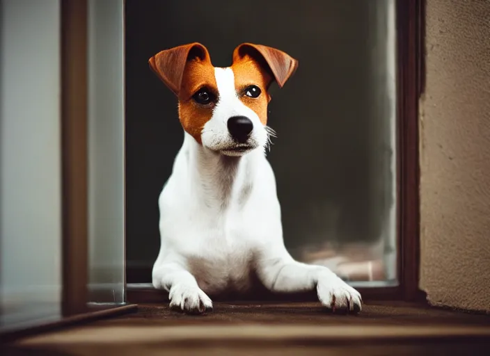 Image similar to photography of a Jack Russel . watching outside the window. on a bed. in a vintage room full of vinyls and posters.,volumetric light, photorealistic,, award winning photo, 100mm, sharp, high res