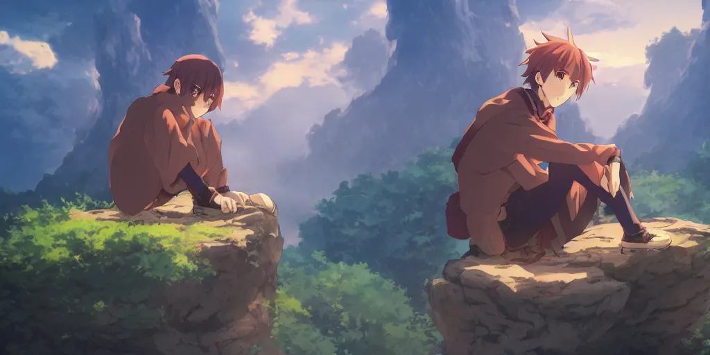 Prompt: isekai masterpiece anime boy sitting on a rock off to the side looking down upon umi, during dawn, cinematic, very warm colors, intense shadows, anime illustration, anime screenshot composite background