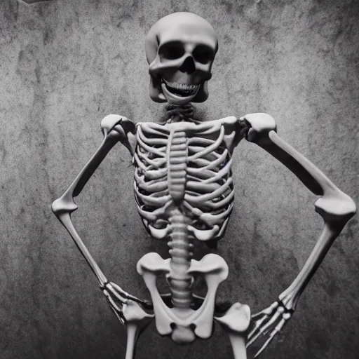 Prompt: a skeleton made of void dancing without a care, artistic photography, f stop, iso, gray dungeon background, very realistic